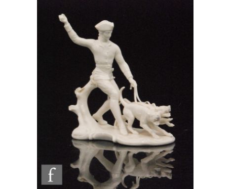 A 20th Century Nymphenburg blanc de chine model of a man in 18th Century dress holding the reins of two snarling hunting dogs
