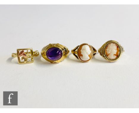 Three assorted 9ct rings, two cameo and a Welsh gold example total weight 7.3g, with a 14ct single stone amethyst set ring, w