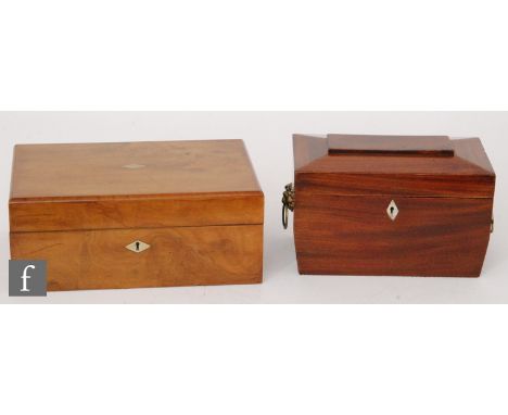 A 19th Century mahogany sarcophagal shaped two divisioned tea caddy, width 23cm, and a walnut writing slope, width 28cm. (2) 