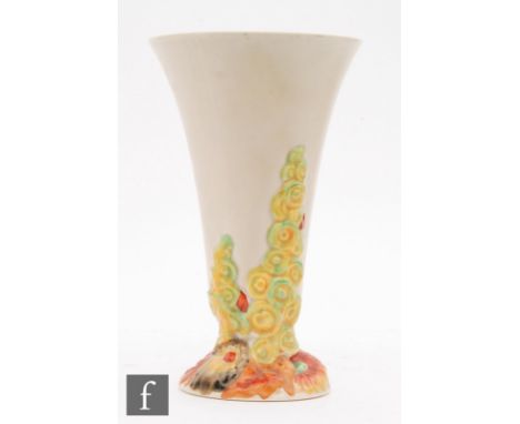 A Clarice Cliff My Garden shape 701 trumpet vase decorated with moulded autumnal flowers to the foot, brown printed script Ne