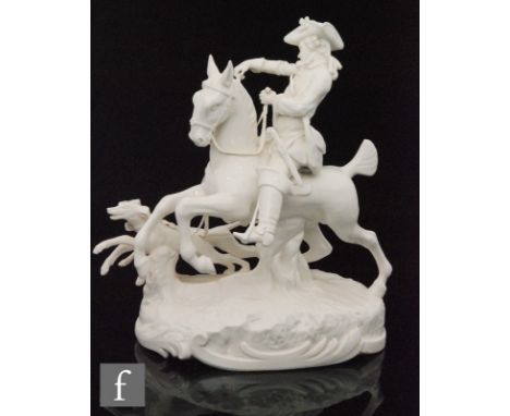 A large 19th Century Nymphenburg blanc de chine model of a man in 18th Century dress upon his rearing horse with two hunting 