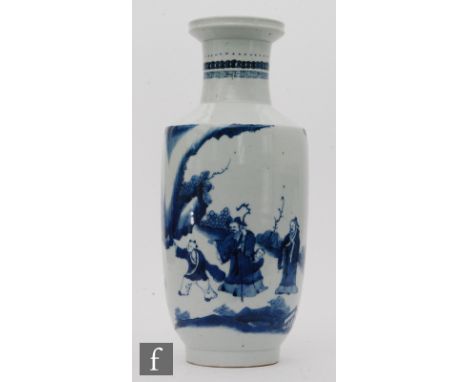 A Chinese blue and white Kangxi style rouleau vase, the body painted with scenes of immortals and attendants in a rocky lands