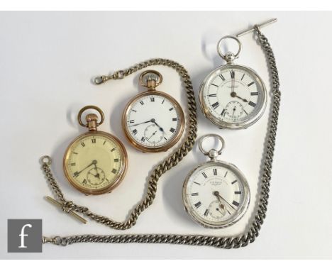 Two hallmarked silver open faced key wind pocket watches The Express English Lever, with two crown wind gold plated examples 