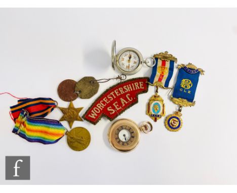 A gold plated half hunter, crown wind pocket watch, a First World Victory Medal to 1107 Pte W. Morris south Staffs with a Wor