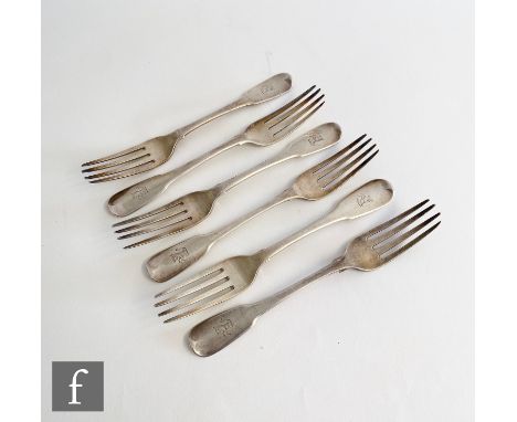 A set of six hallmarked silver fiddle pattern dinner forks, engraved crest to terminal, London 1816, Solomon Hougham. (6) 
