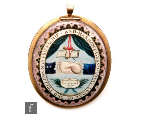 A George III oval open pendant with clasped hands above date Sept 30 1800 within a pink and black border with gilt lettering 