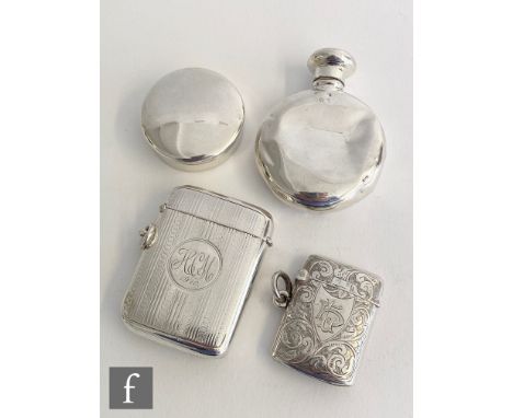 A hallmarked silver circular small scent bottle height 6cm, with a two rectangular vesta cases and a circular rouge pot, vari