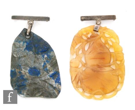 Two Chinese carved pendants, Qing Dynasty (1664-1911), to include a lapiz lazuli example, of boulder form, carved in low reli