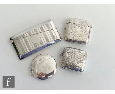 A hallmarked silver rectangular clapperboard card case with three vesta cases, two rectangular and one circular, various styl