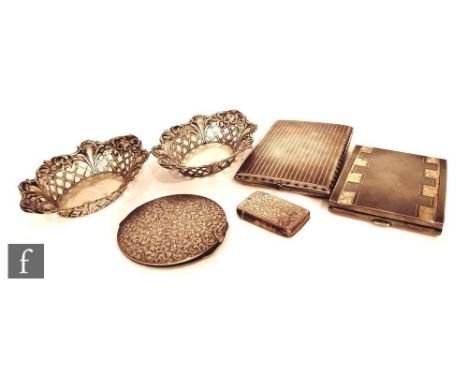 A small parcel lot of continental silver items to include two cigarette cases, one with enamelled borders, a pair of bon bon 