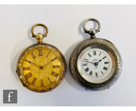 An 18ct open faced key wind fob watch, Roman numerals to a gilt dial, case diameter 36mm, total weight 36g, with a similar si