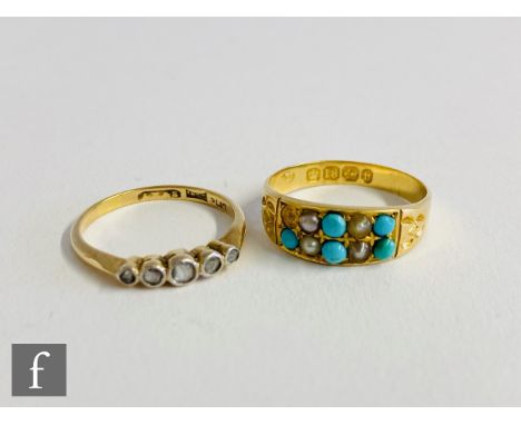 An 18ct hallmarked turquoise and seed pearl ring, Birmingham 1876, stone missing, with a similar five stone example, total we