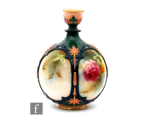 A Royal Worcester shape F126 vase decorated by Kitty Blake with sprays of Hadley roses within moulded borders, signed, green 