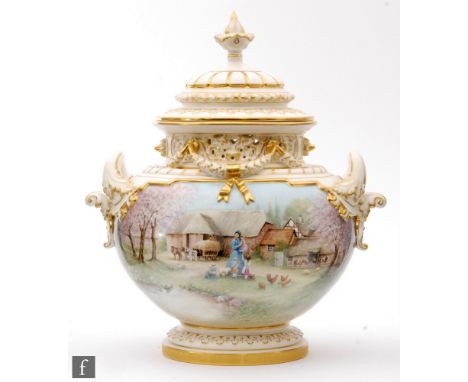 A large early 20th Century Royal Worcester pomander and cover with twin handles and relief moulded ribbon tied swags beneath 