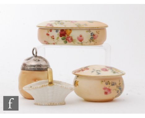 Four pieces of early 20th Century Royal Worcester blush ivory comprising a small trinket box and cover, a circular box and co