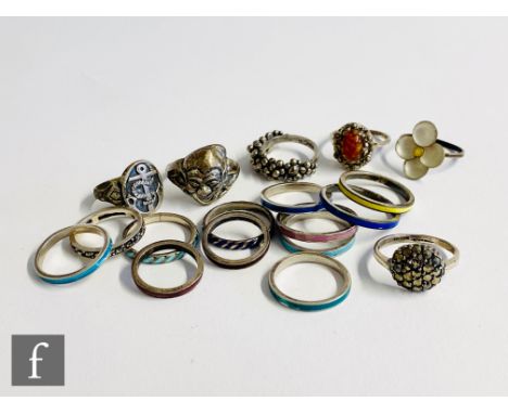 Sixteen assorted silver rings to include enamelled and stone set examples, various styles and sizes, all Bernard Instone. (16