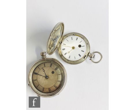 A Continental silver fusee full hunter pocket watch, Roman numerals to a white enamelled dial within a foliate decorated case