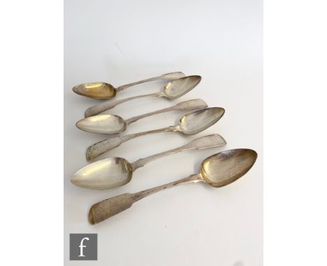 A set of six hallmarked silver fiddle pattern table spoons of plain form, weight 13oz, Exeter 1817 Joseph Hicks. (6) 