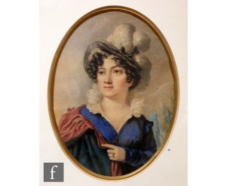 G. GARNOT (EARLY 19TH CENTURY) - Portrait of an elegant lady wearing a blue dress and plumed hat, bears label and date 1832 v
