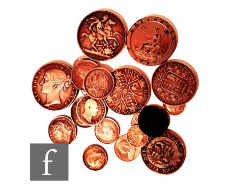A small parcel lot of assorted silver and other coinage to include two crowns, shillings, half crowns etc. (21). 
