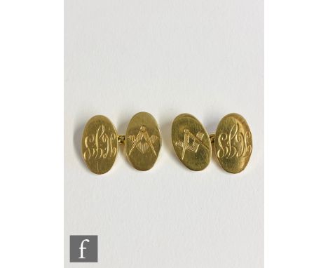 A pair of 9ct oval chain linked cufflinks with Masonic symbol to one side and initials to the other. 