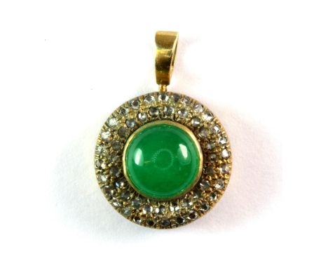 A yellow metal (tested 9ct gold) diamond and jade set pendant, Dia. 1.5cm.