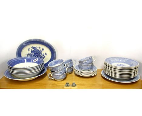 A quantity of Spode blue Camilla tea china together with a quantity of Churchill out of the blue bowls.