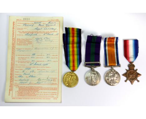 Four World War I service medals presented to 72171 GNR. F. R. Purvey Royal Artillery including Iraq medal and discharge certi