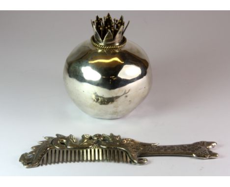 A Chinese silvered metal comb and a  pomegranate incense holder, L. 17cm and H. 9cm.