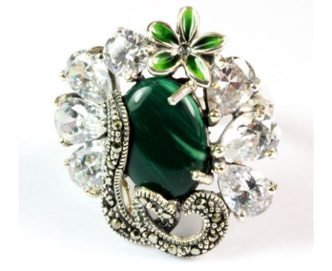 A 925 silver, marcasite and enamel ring set with malachite and white stones (N.5).