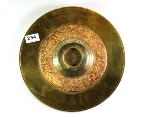 A Blackheath and Bromley Harriers Athletics 1887 trophy with decorative copper panel, D. 29cm.