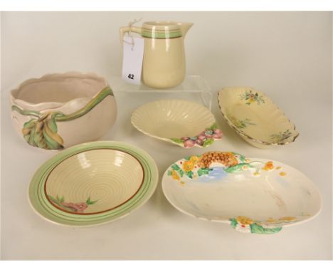A quantity of various Clarice Clifffloral decorated items consisting of Chestnut bowl, Honey Dew jug, My Garden dishes etc, v
