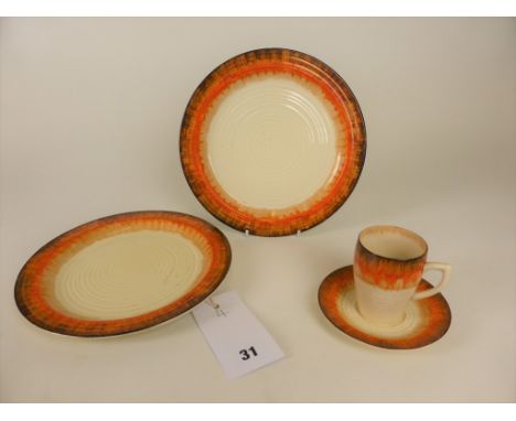 Clarice Cliff Lyndon shape cup & saucer in the 'Bizarre' Aura (orange) patterntogether with two plates, circa 1934, abstract 