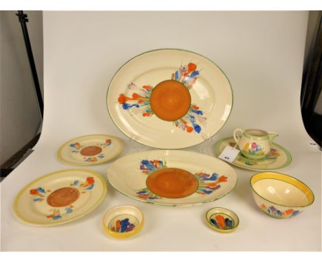 Collection of mixed Clarice Cliff 'Bizarre' Crocus pattern potteryto include; large and medium size platters (Newport marks t