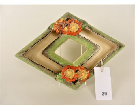 A Clarice Cliff 'My Garden' diamond posy bowlwith moulded decoration of flowers in orange, yellow and green, Wilkinson stamp 
