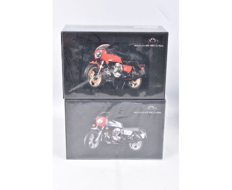 TWO BOXED 1:12 SCALE MINICHAMPS CLASSIC BIKE SERIES MOTO GUZZI DIECAST MODELS, the first is a 850 MKI Le Mans 1976, numbered 