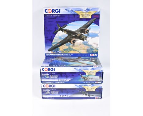 THREE BOXED LIMITED EDITION CORGI AVIATION ARCHIVE 1:72 SCALE DIECAST MODEL AIRCRAFTS, the first is a North American B-25J Mi