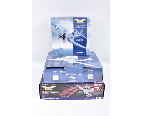 THREE BOXED CORGI AVIATION ARCHIVE DIECAST MODEL AIRCRAFTS, the first a 1:72 scale Vought F4U-1 Cosair White 7, numbered AA33