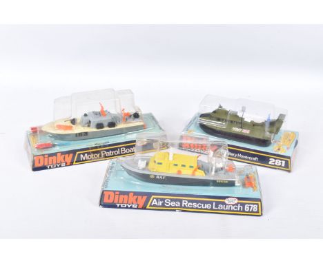 THREE BOXED DINKY DIECAST MILITARY TOYS, to include a Military Hovercraft, item no. 281, an Air Sea Rescue Launch, item no. 6