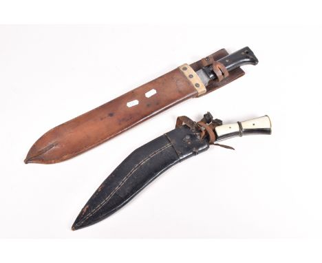 A WWI ERA USA MACHETTE AND A KUKRI STYLE KNIFE, the machete is date 1940 and was produced by the Legitimus Collins company an