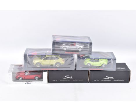 SIX BOXED 1:43 SCALE SPARK MODEL MINIMAX VEHICLES to include a Lotus Elise S1 Sport 160 in green  item no S8222, a TVR Tuscan