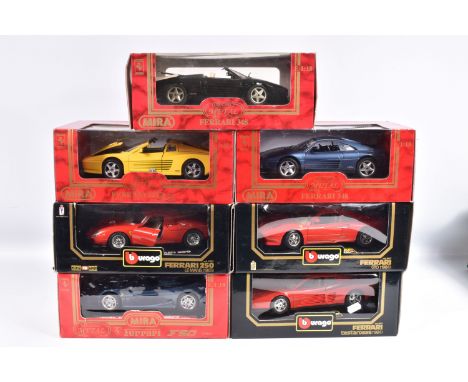 SEVEN BOXED 1:18 SCALE FERRARI DIECAST MODEL VEHICLES, to include a Mira Ferrari F50 1995 in Blue, Golden Line, item no. 6201