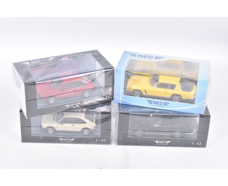 FOUR BOXED NEO 1:43 SCALE MODELS to include an Alfa Romeo Alfasud Ti 1.5 Quadrifoglio V in red item no. NEO45595, an Alfa Rom