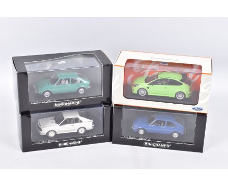 FOUR BOXED 1:43 SCALE MINICHAMPS MODEL VEHICLES to include an Alfa Romeo Alfasud ti Azzurro Le Mans 1974 in Blue  item no. 40