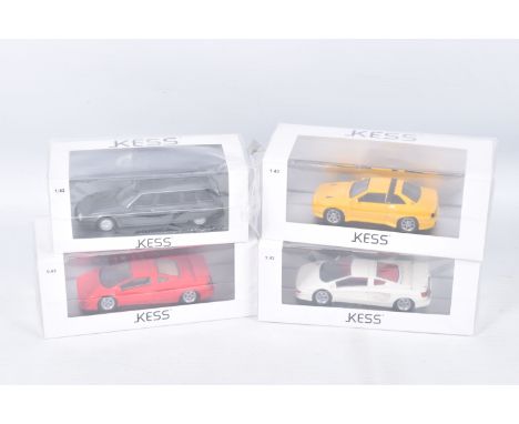 FOUR BOXED 1:43 SCALE KESS MODEL VEHICLES to a Maserati Shamal 1988 in Yellow item no. KE43014022, a Citroen CX 25 TRD Turbo 