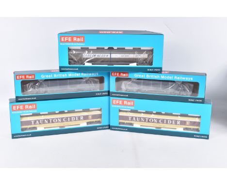FIVE BOXED OO GAUGE EFE RAIL MODEL RAILWAY WAGONS, to include a JIA NACCO Wagon no. 33-70-0894-011-2 in Imerys Blue, Heavily 