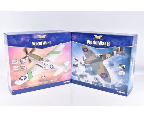 TWO BOXED CORGI AVIATION ARCHIVE 1:32 SCALE DIECAST MODEL AIRCRAFTS, the first is a P-51D Mustang ' Stinger VII', numbered AA