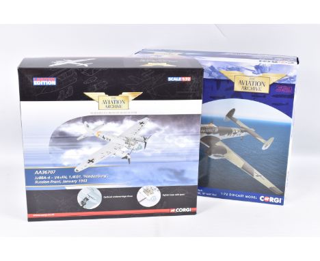 TWO BOXED LIMITED EDITION CORGI AVIATION ARCHIVE 1:72 SCALE DIECAST MODEL AIRCRAFTS, the first is a Ju88A-4 - V4+FH, 1./KG1 '