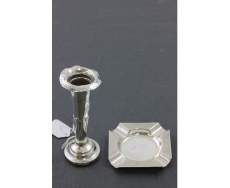 Mappin and Webb Silver Square Ashtray with Engine Turning, Sheffield 1976 together with a Silver Fluted Vase, Birmingham 1906