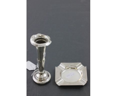 Mappin and Webb Silver Square Ashtray with Engine Turning, Sheffield 1976 together with a Silver Fluted Vase, Birmingham 1906